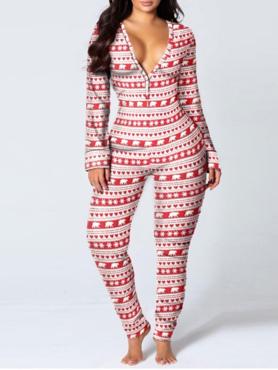 

Lovely Casual Button Design Geometric Print Patchwork Red Sleepwear