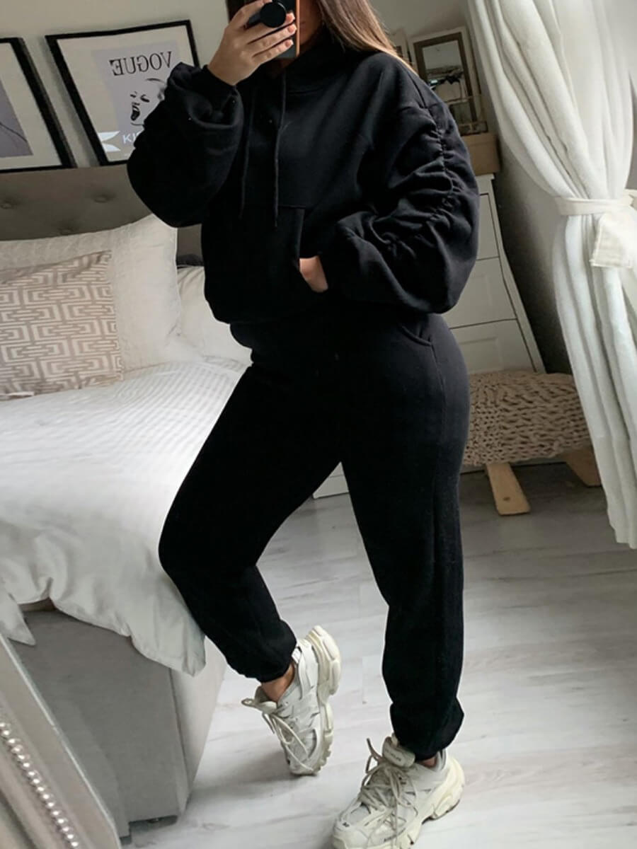

Lovely Sportswear Dropped Shoulder Fold Design Black Two Piece Pants Set