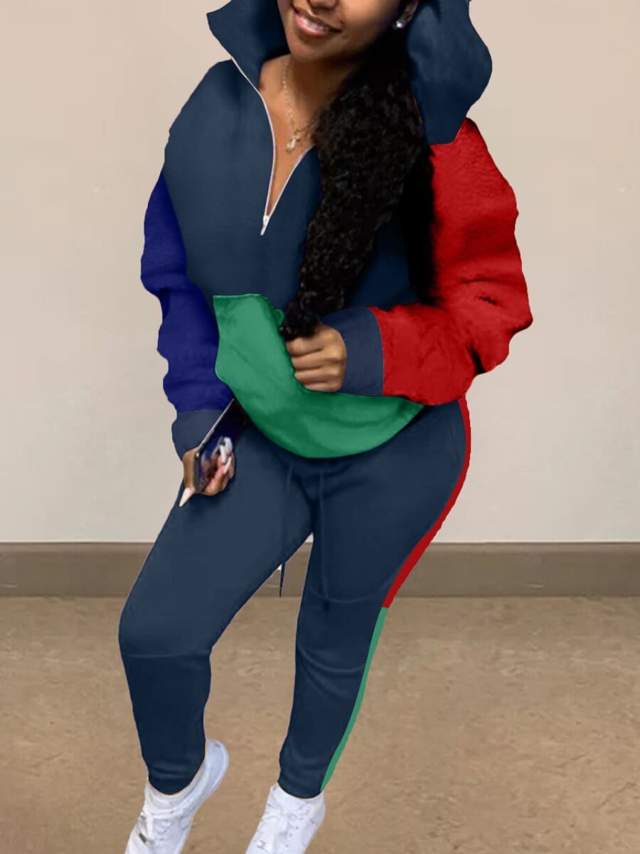 

Lovely Trendy Hooded Collar Color-lump Patchwork Dark Blue Two Piece Pants Set