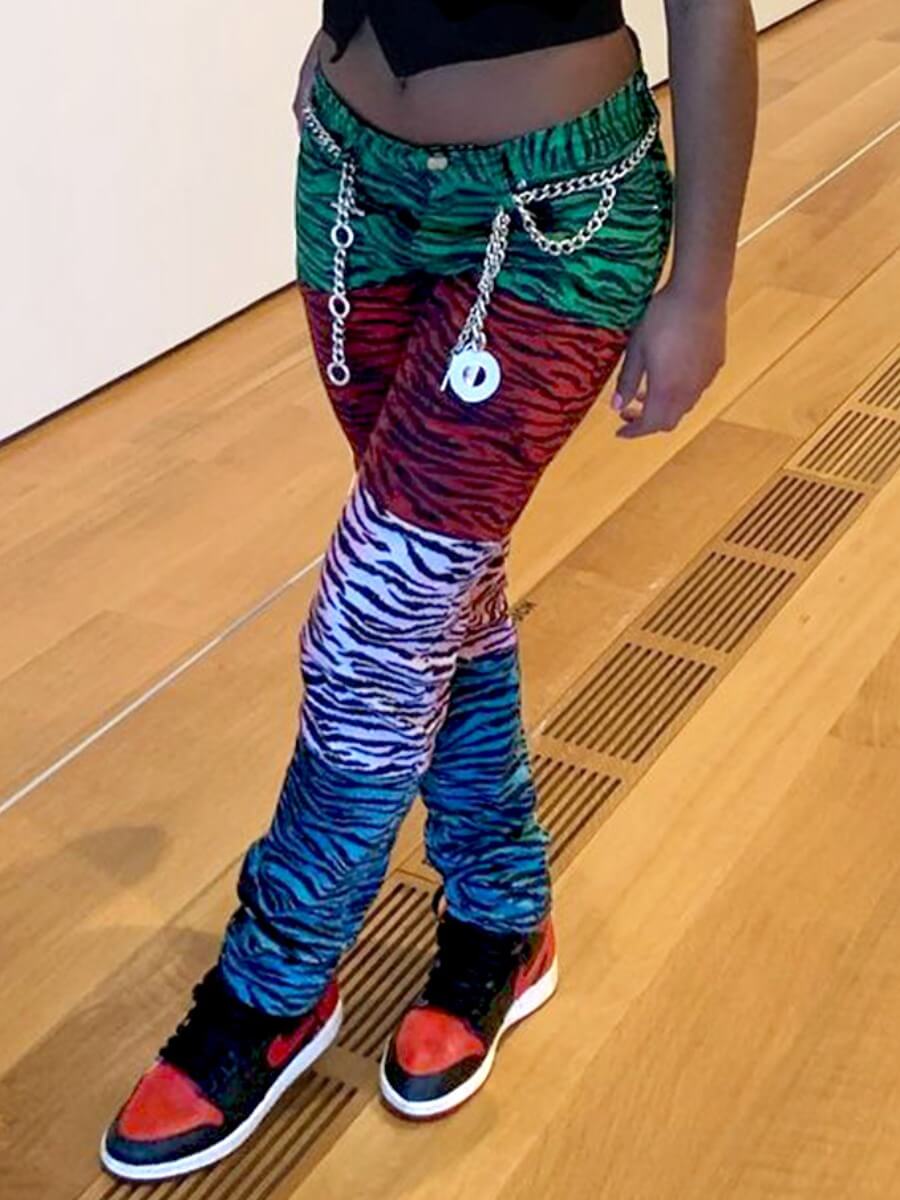 

Lovely Street Zebra Print Patchwork Green Pants