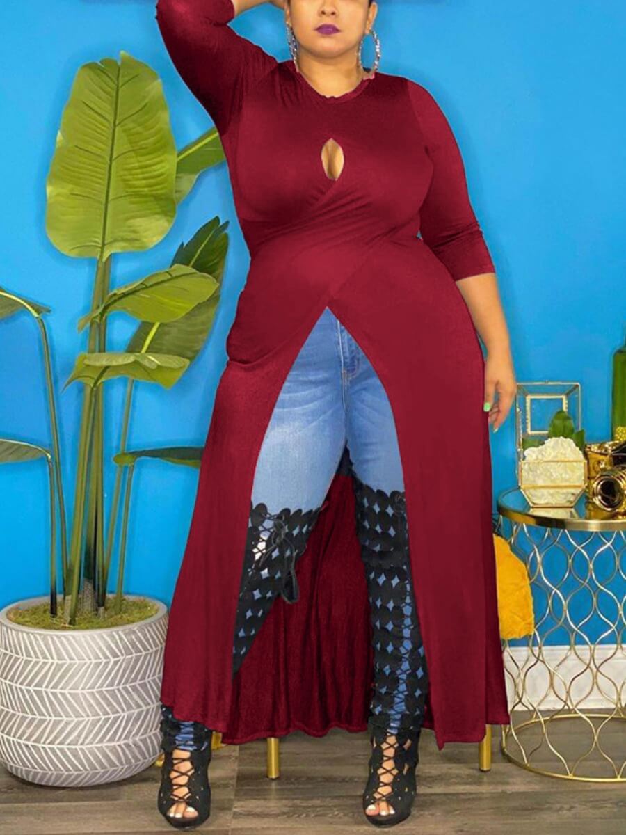 

Lovely Plus Size Casual O Neck Hollow-out Wine Red T-shirt