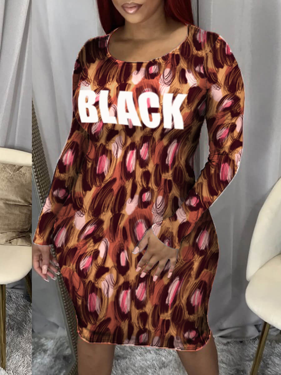

Lovely Street Letter Leopard Print Patchwork Knee Length Dress