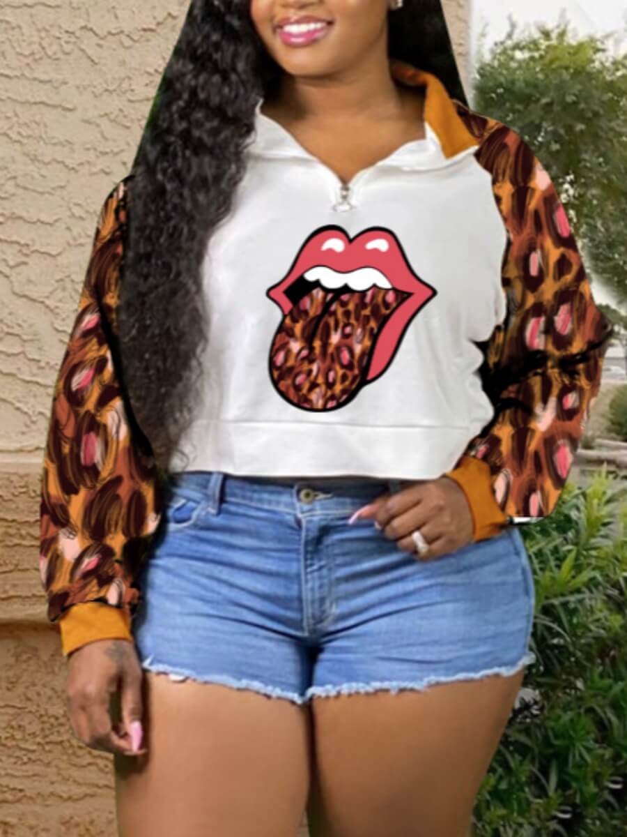 

Lovely Street Lip Leopard Print Patchwork White Hoodie