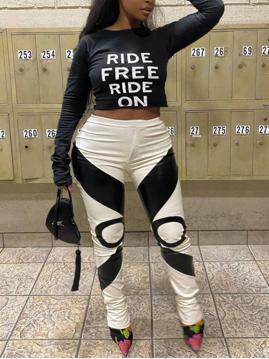 

Lovely Street Letter Print Patchwork White Two Piece Pants Set