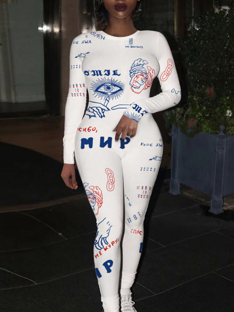 

Lovely Sweet O Neck Letter Print White One-piece Jumpsuit