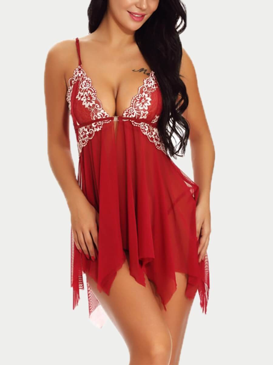 

Lovely Sexy Lace Patchwork Asymmetrical Wine Red Babydoll