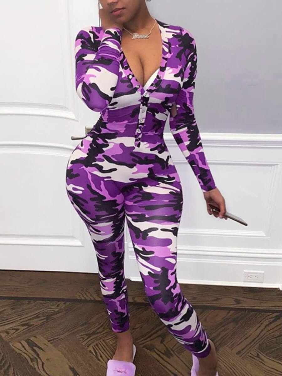 

Lovely Casual Camo Print Button Design Purple Sleepwear