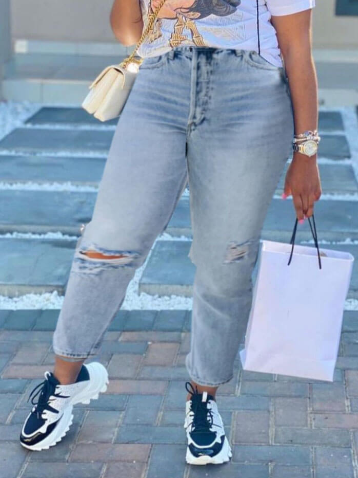 

Lovely Street High-waisted Broken Holes Baby Blue Jeans
