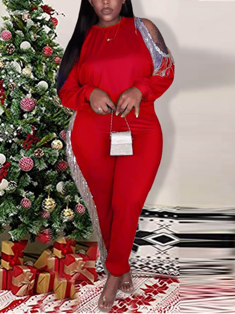 

Lovely Trendy Tassel Design Hollow-out Red Two Piece Pants Set
