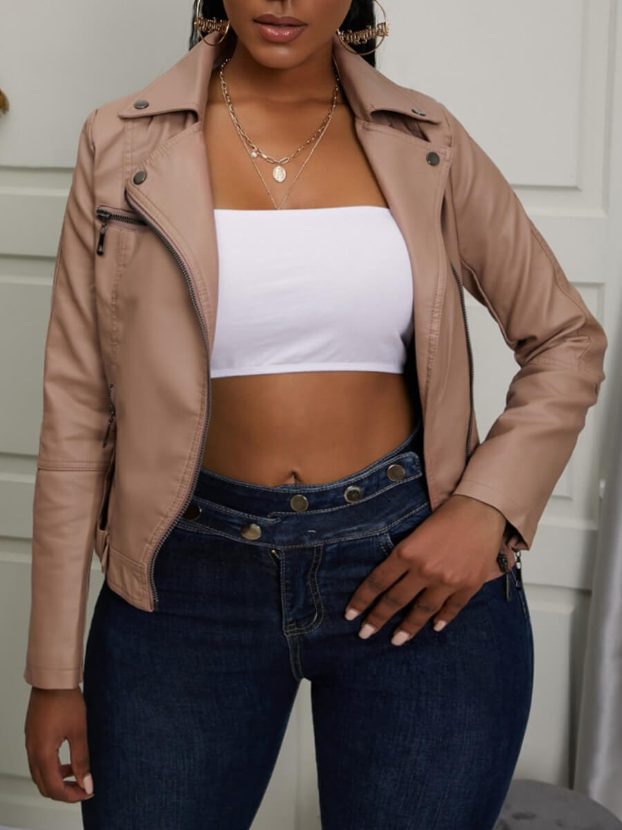 

Lovely Casual Turndown Collar Zipper Design Khaki Plus Size Leather