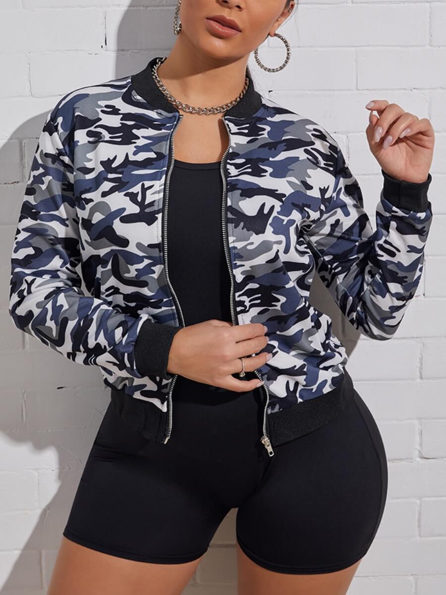 

Lovely Casual Camo Print Zipper Design Grey Jacket
