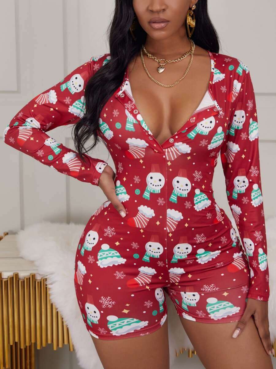 

Lovely Trendy Christmas Day Cartoon Print Red One-piece Romper