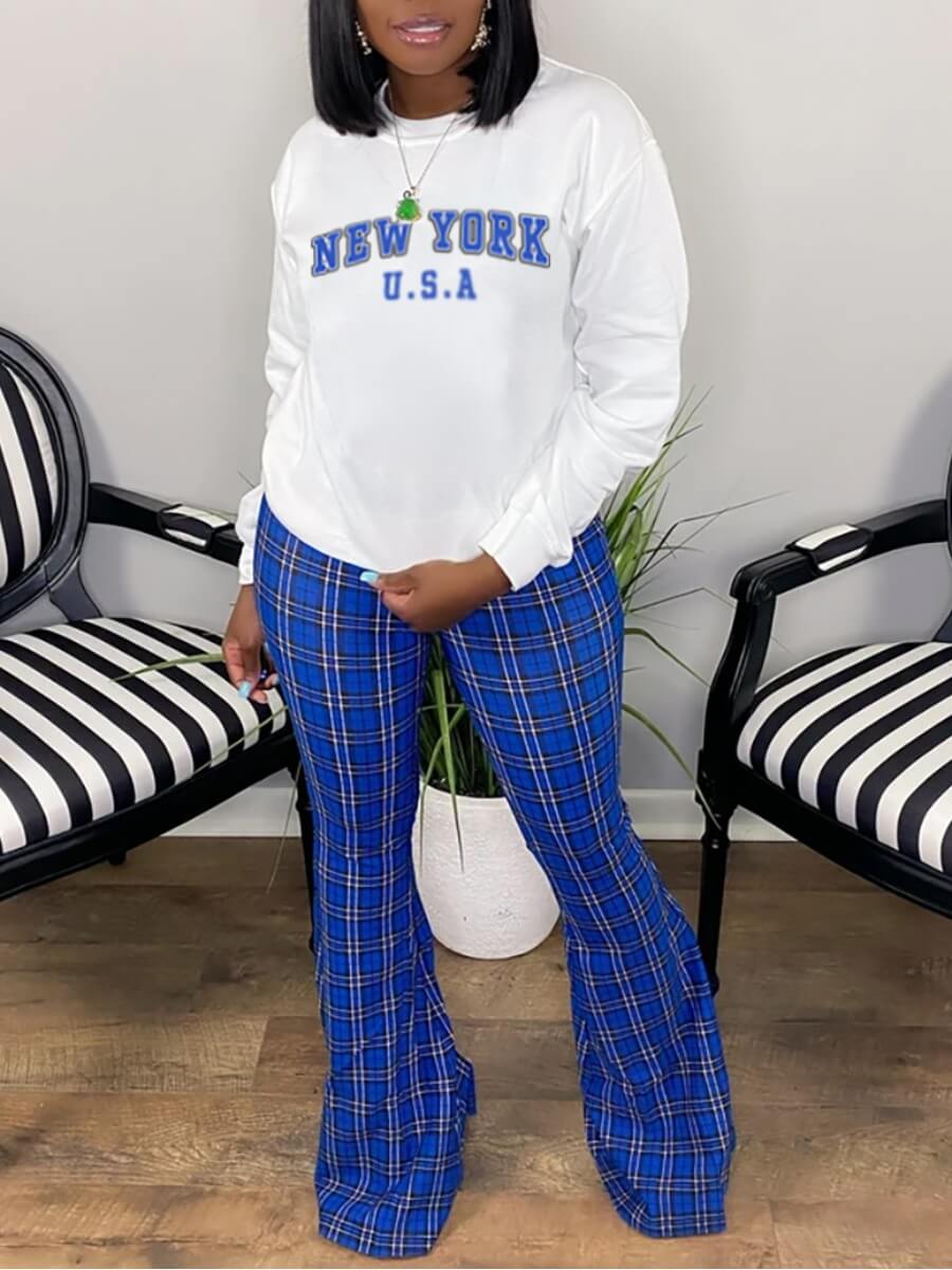 

Lovely Casual Plaid Letter Print Patchwork Blue Two Piece Pants Set