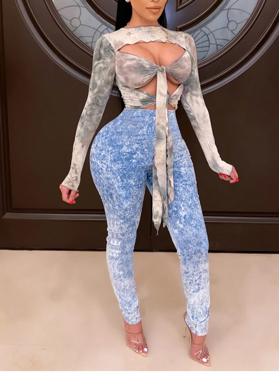 

Lovely Sexy O Neck Print Hollow-out Blue Two Piece Pants Set