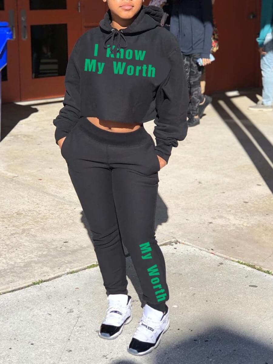 

LW Casual Hooded Collar Letter Print Black Two Piece Pants Set