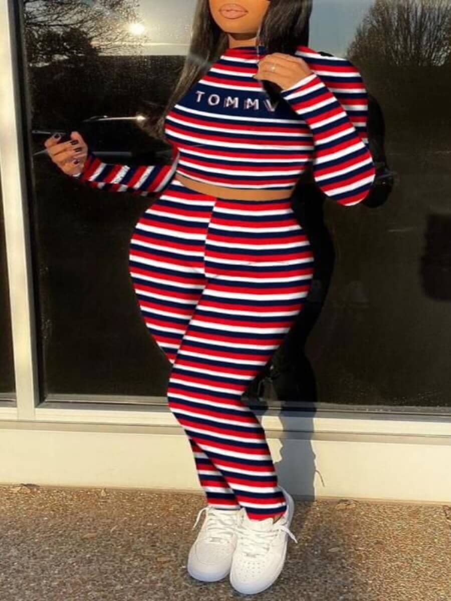 

Lovely Trendy Letter Print Striped Red Plus Size Two-piece Pants Set