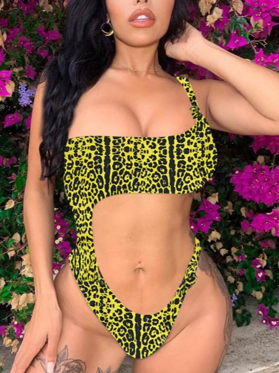

Lovely Trendy One Shoulder Leopard Print Hollow-out Deep Yellow One-piece Swimsuit