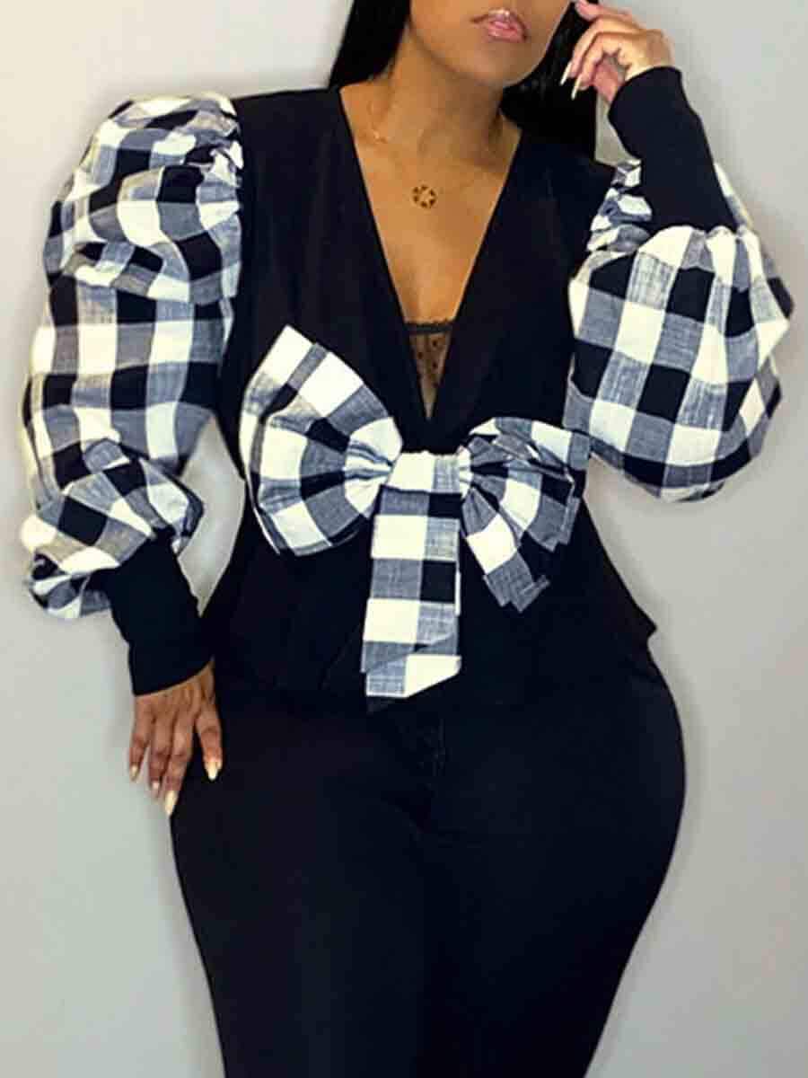 

Lovely Stylish Plaid Ruffle Design Black And White Blouse