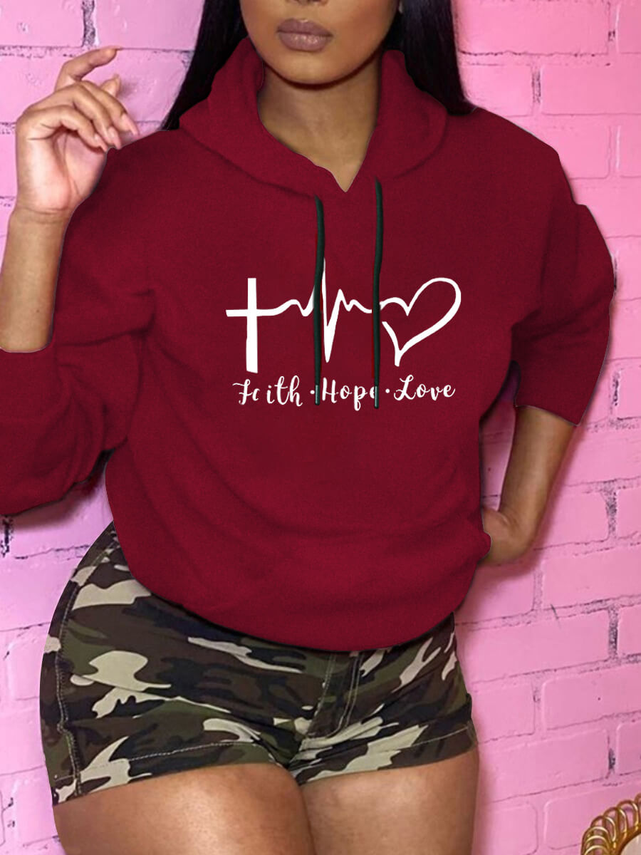 

Lovely Leisure Hooded Collar Letter Print Wine Red Hoodie