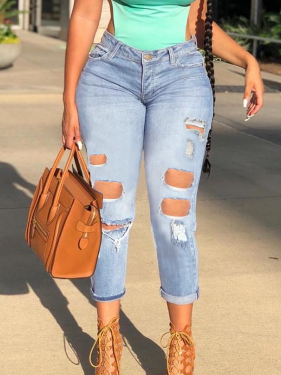 

Lovely Street High-waisted Broken Holes Blue Jeans