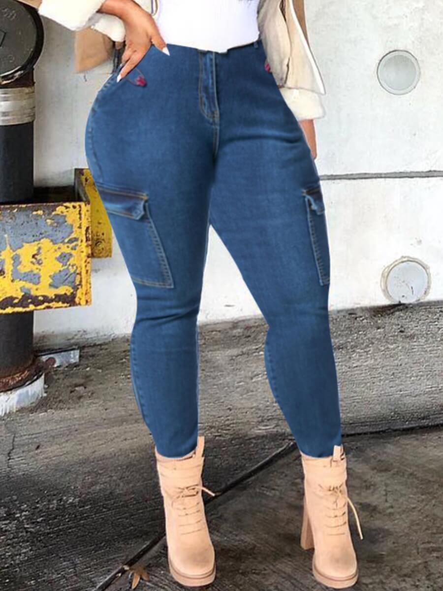 

Lovely Casual High-waisted Pocket Design Blue Jeans