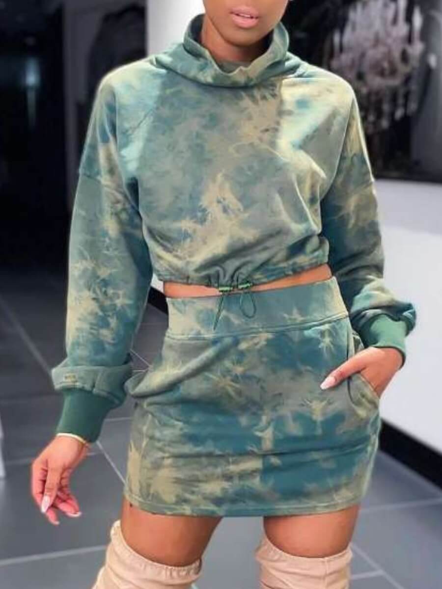 

Lovely Casual Turtleneck Tie-dye Print Blue Two Piece Skirt Set
