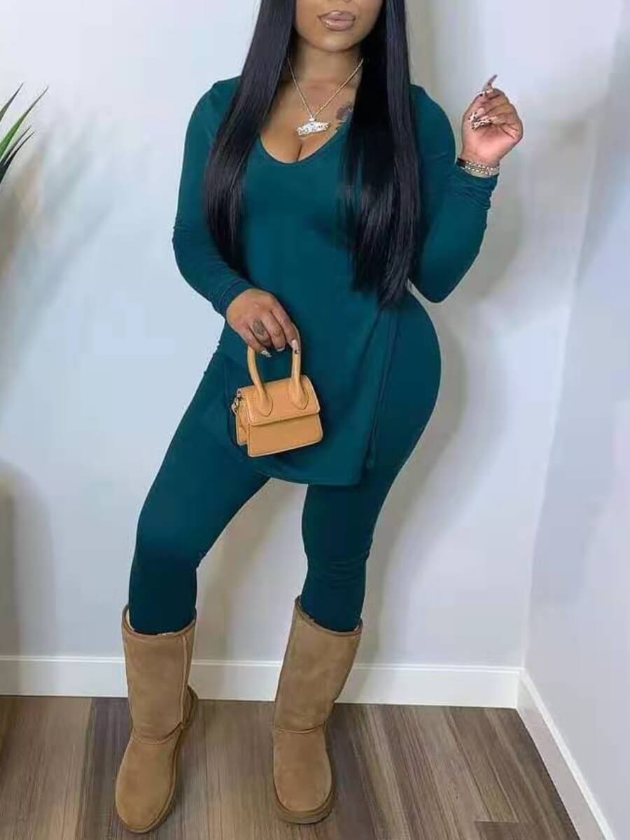 

Lovely Casual V Neck Side Split Blue Two Piece Pants Set