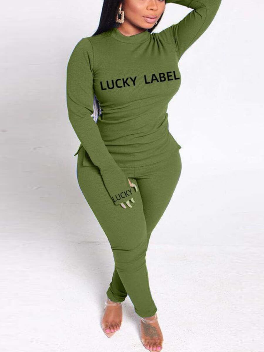

Lovely Casual Turtleneck Letter Print Green Two Piece Pants Set