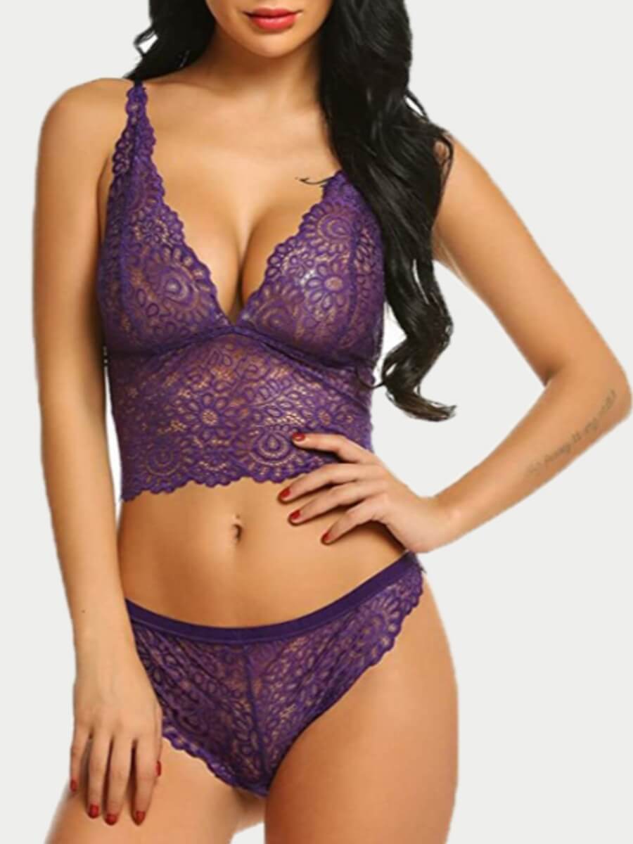 

Lovely Sweet V Neck Mesh Patchwork Purple Bra Sets