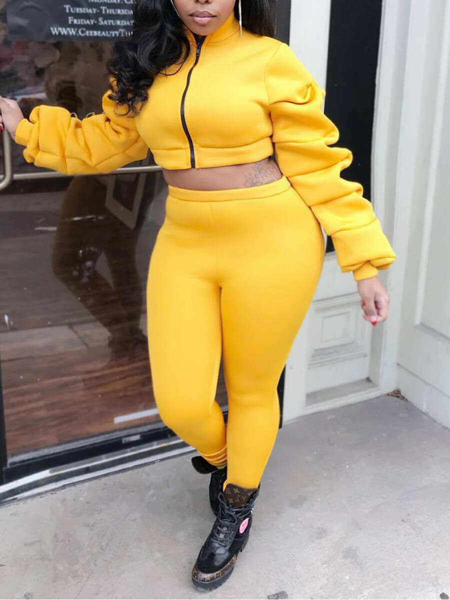 

Lovely Trendy Zipper Fold Design Yellow Plus Size Two-piece Pants Set