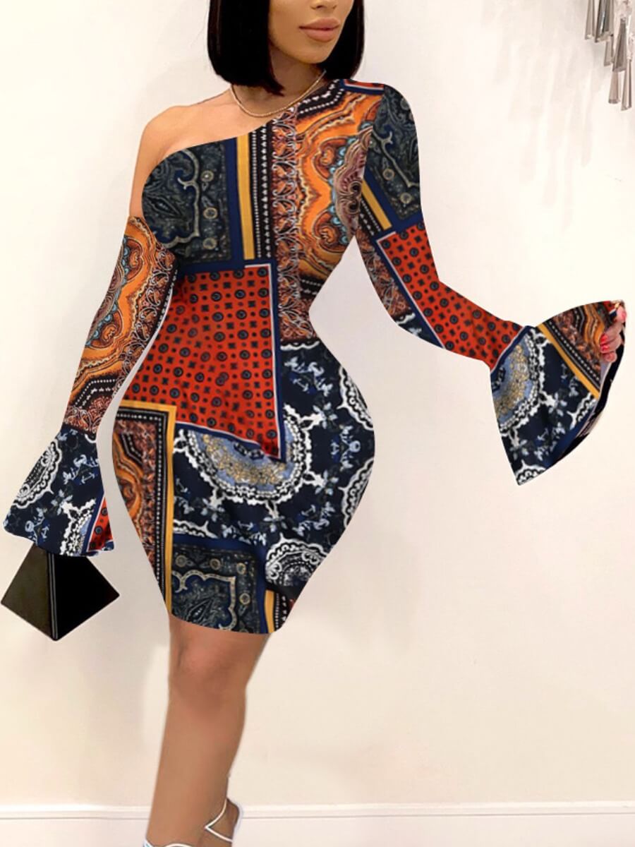 

Lovely Sweet Flared One Shoulder Geometric Print Dark Blue Mini Dress