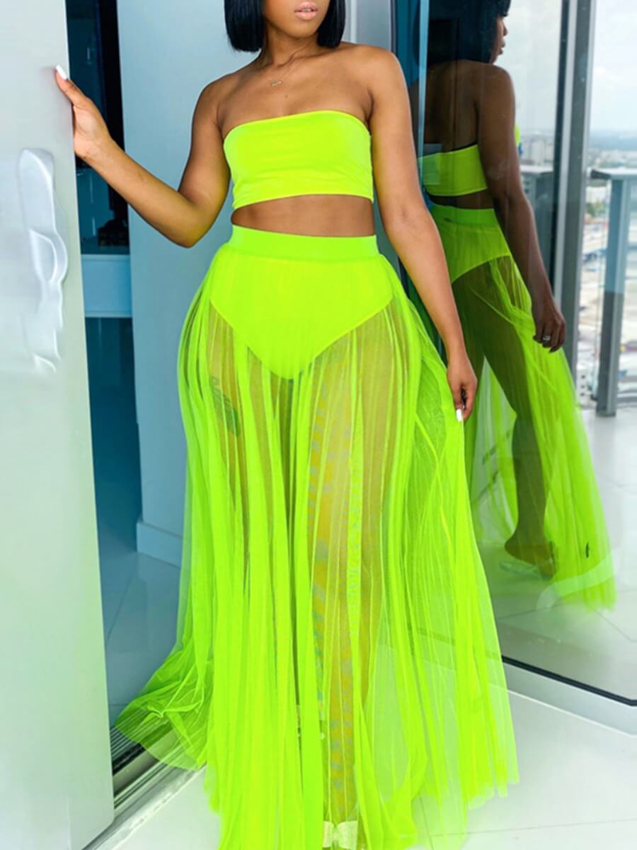 

Lovely Sweet Strapless See-through Green Plus Size Two-piece Swimsuit