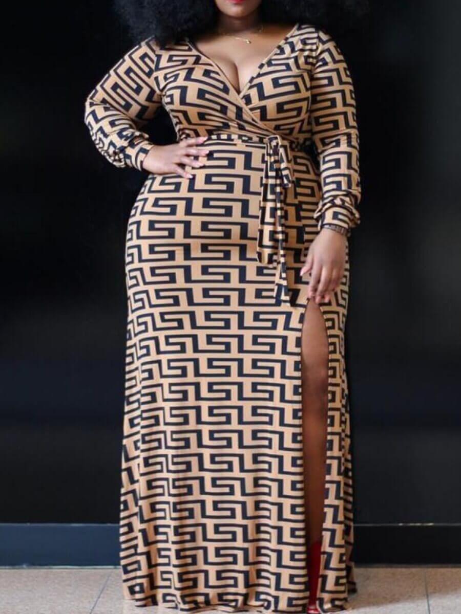 

Lovely Plus Size Party Geometric Print Side Split Khaki Floor Length Dress