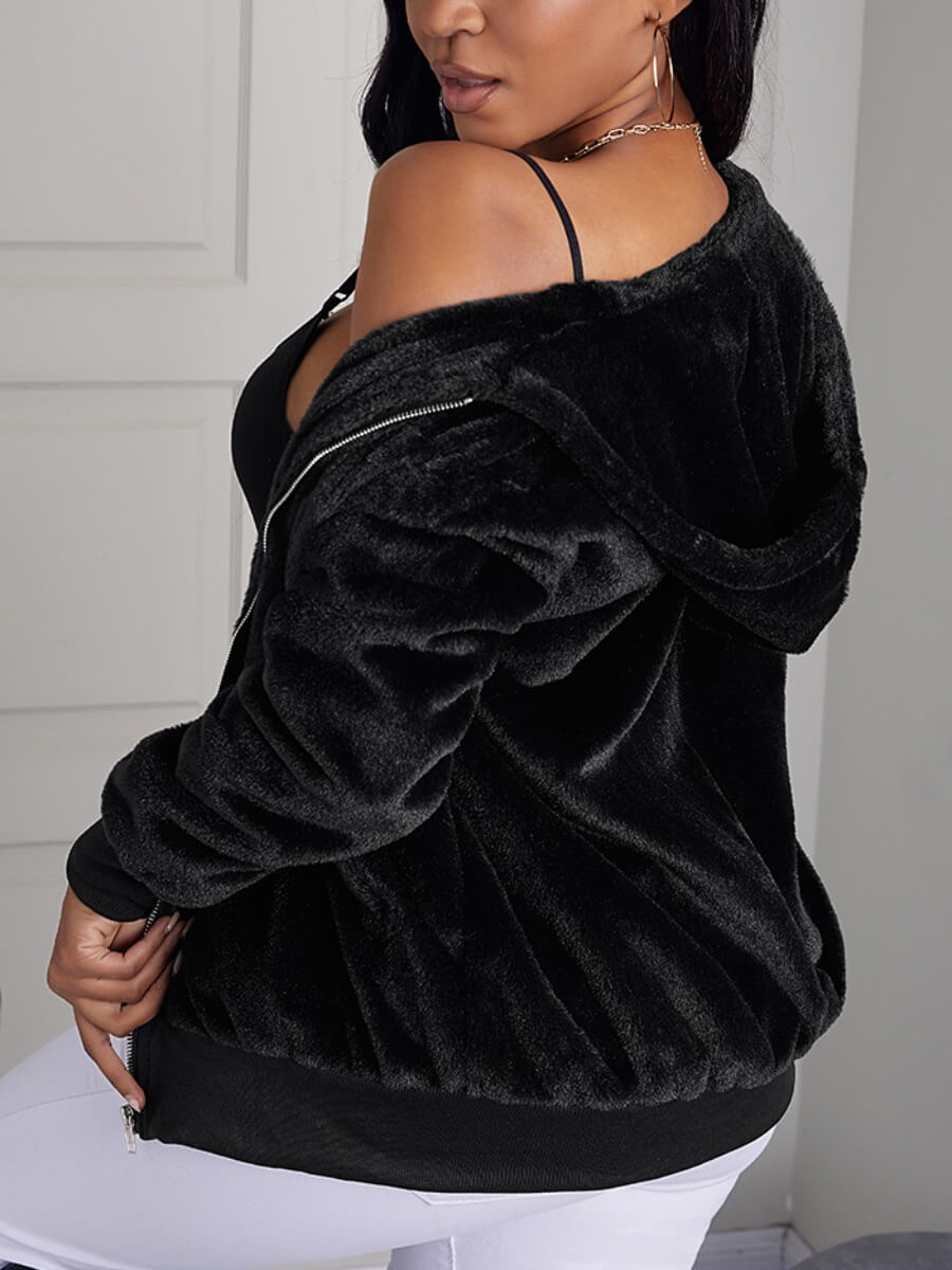 

Lovely Chic Hooded Collar Zipper Design Black Faux Fur