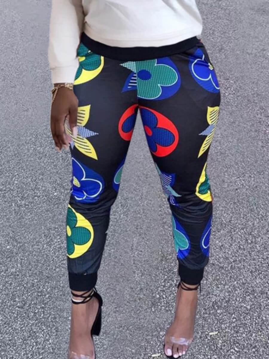 

Lovely Street Mid Waist Floral Print Black Pants