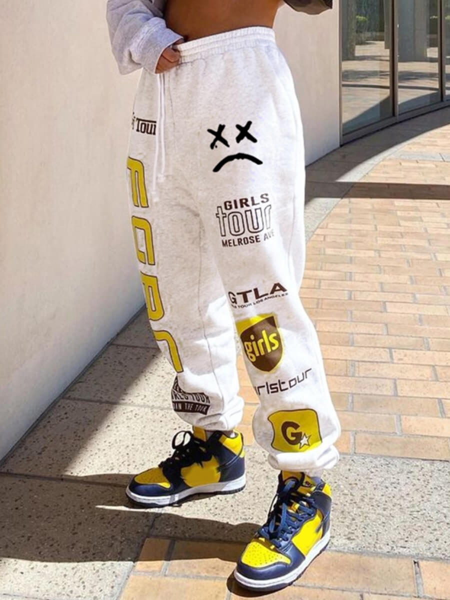 

Lovely Street Letter Print Drawstring White Pants