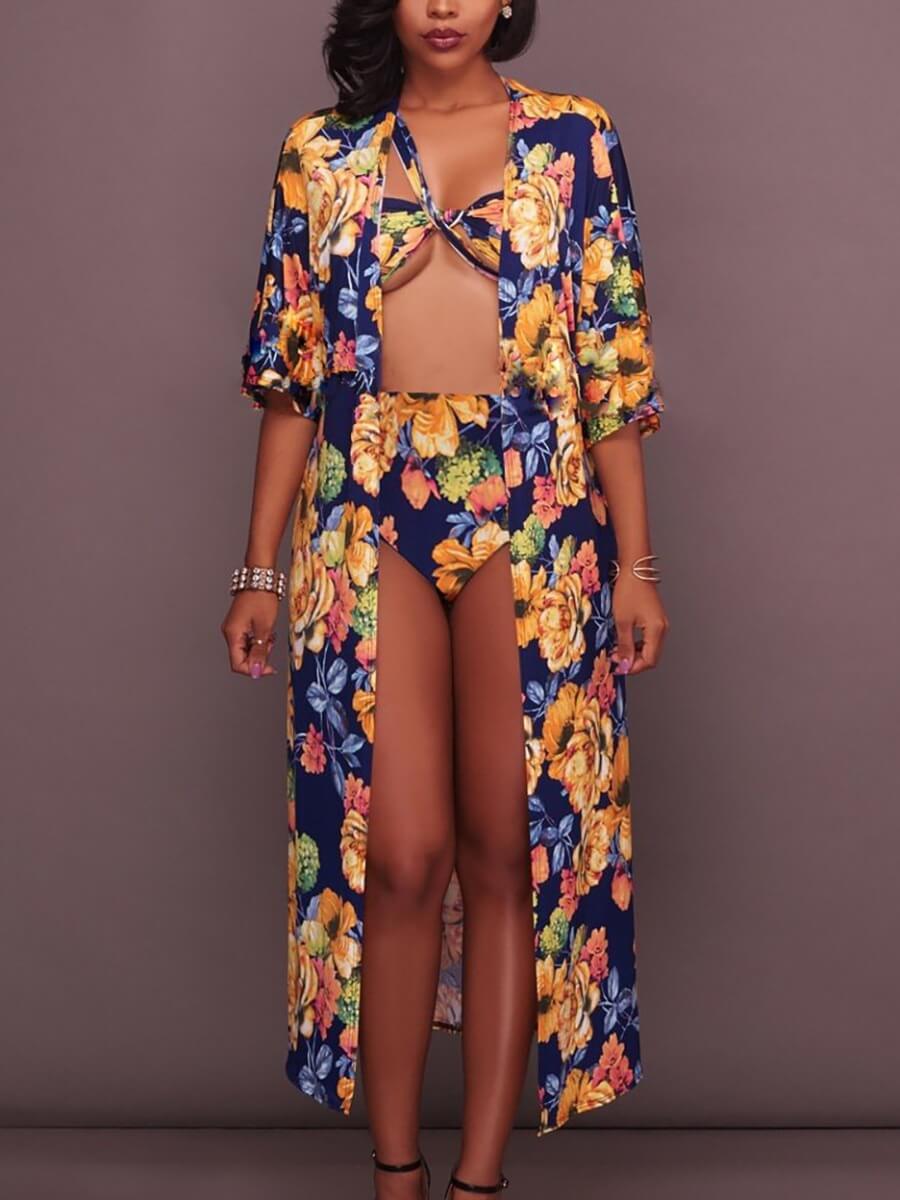 

Lovely Sweet Floral Print Patchwork Blue Three-piece Swimsuit