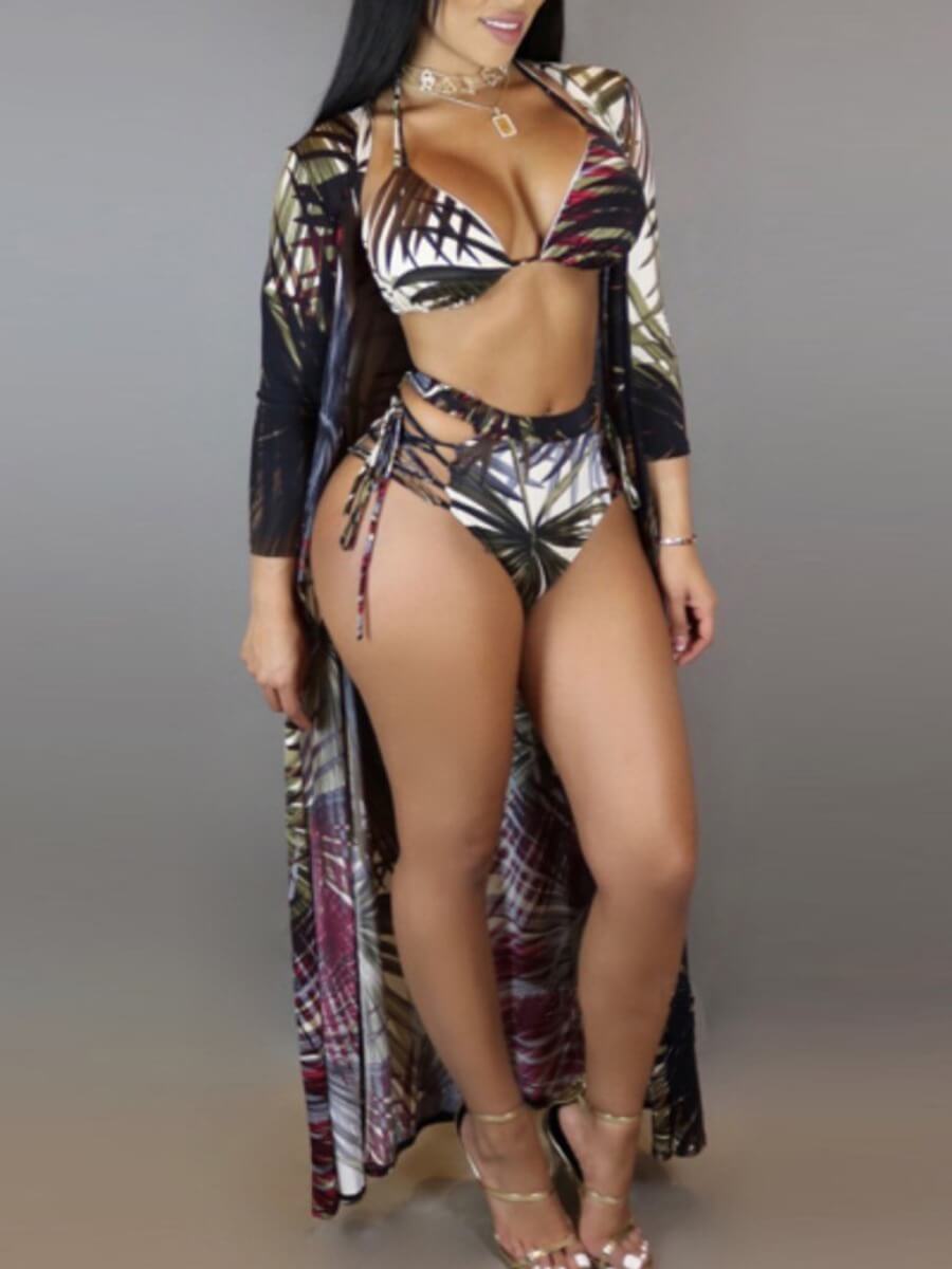 

Lovely Sweet Leaf Print Lace-up Multicolor Three-piece Swimsuit, Multi