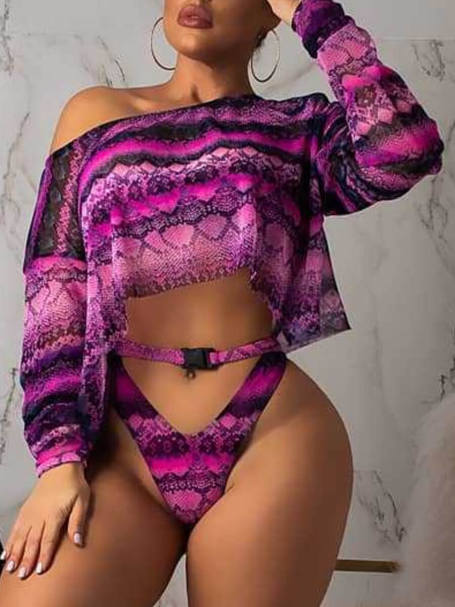 

Lovely Sexy Cobra Print Hollow-out Purple Tankini