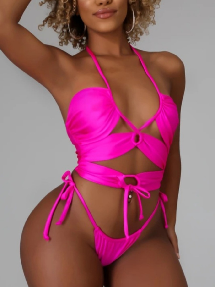 

LW Sexy Bandage Hollow-out Design Rose Red Two-piece Swimsuit