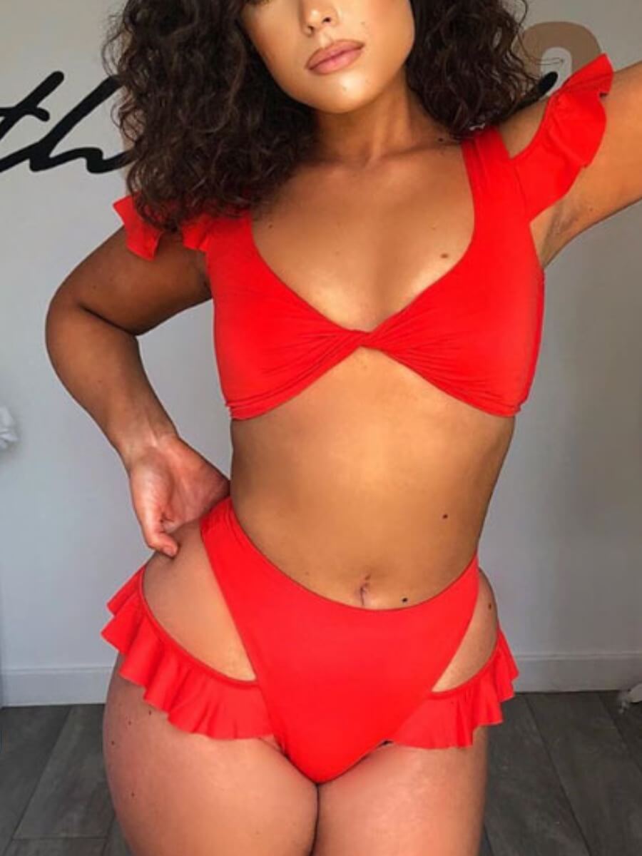 

Lovely Casual Hollow-out Flounce Design Red Tankini