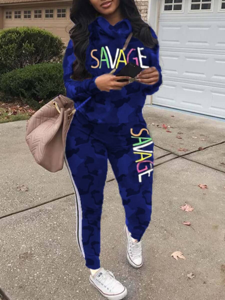 

LW Letter Camo Print Striped Pants Set, Blue