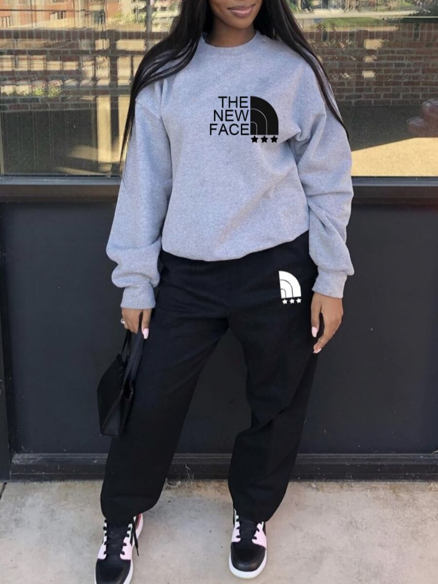 

Lovely Casual O Neck Letter Print Grey Two Piece Pants Set