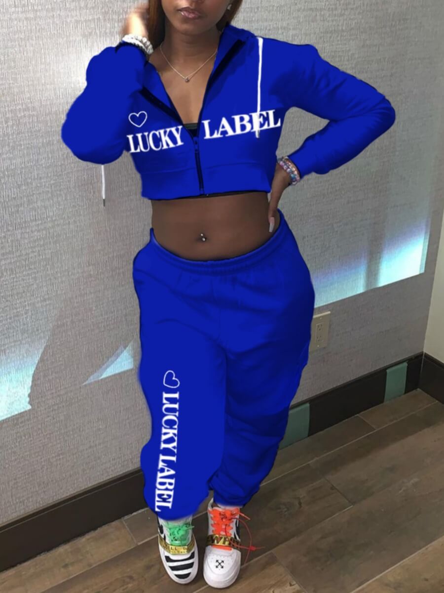

Lovely Sportswear Letter Print Crop Top Blue Two Piece Pants Set