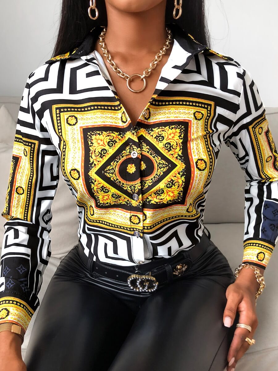 

Lovely Formal Geometric Print Patchwork Multicolor Blouse, Multi