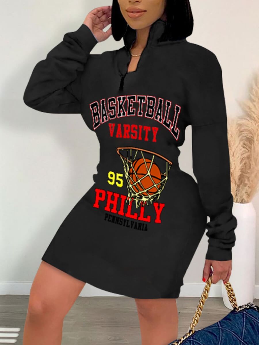 

Lovely Sportswear Basketball Letter Print Patchwork Black Mini Dress