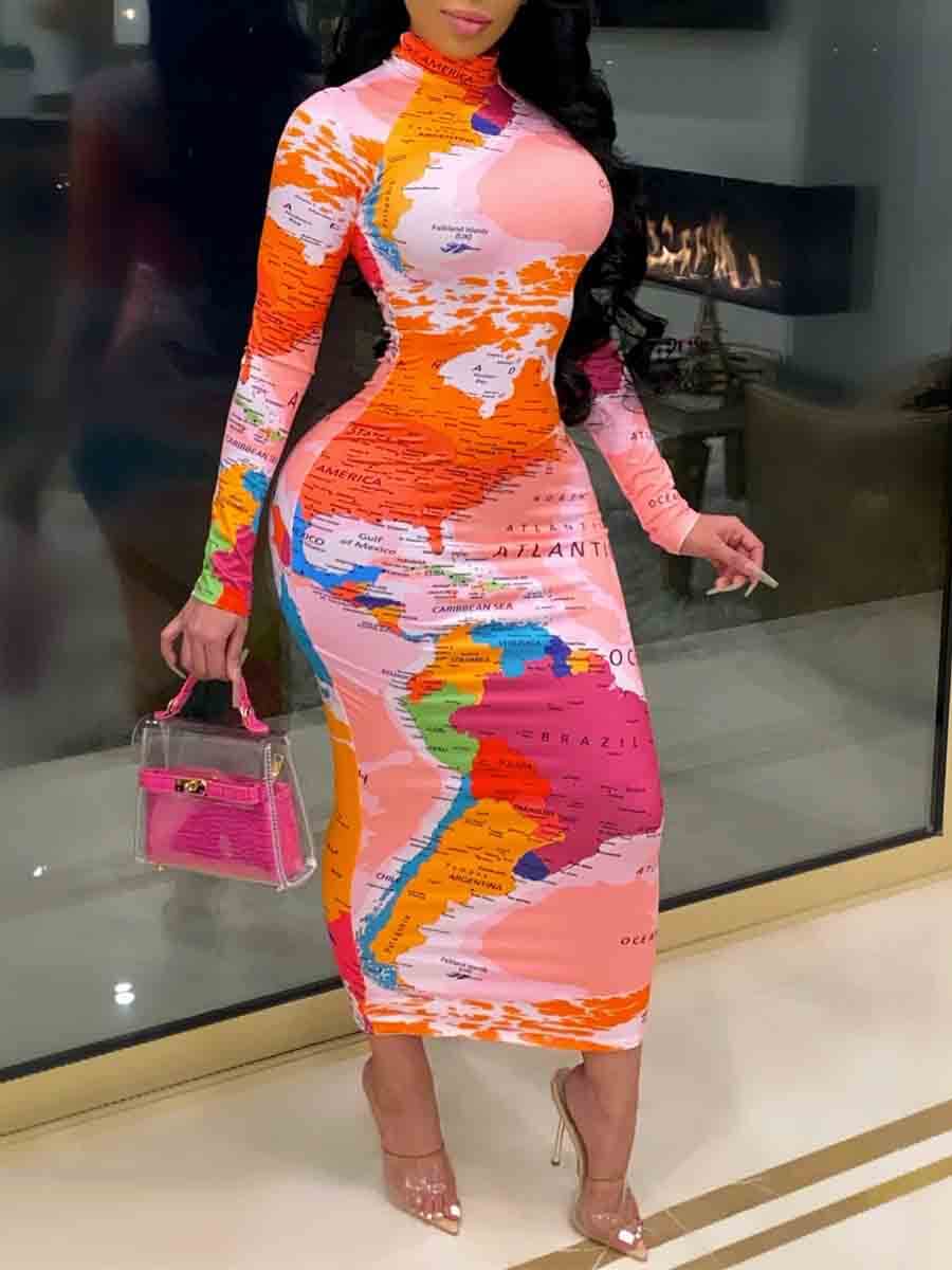 

LW Stylish Map Print Patchwork Pink Mid Calf Dress