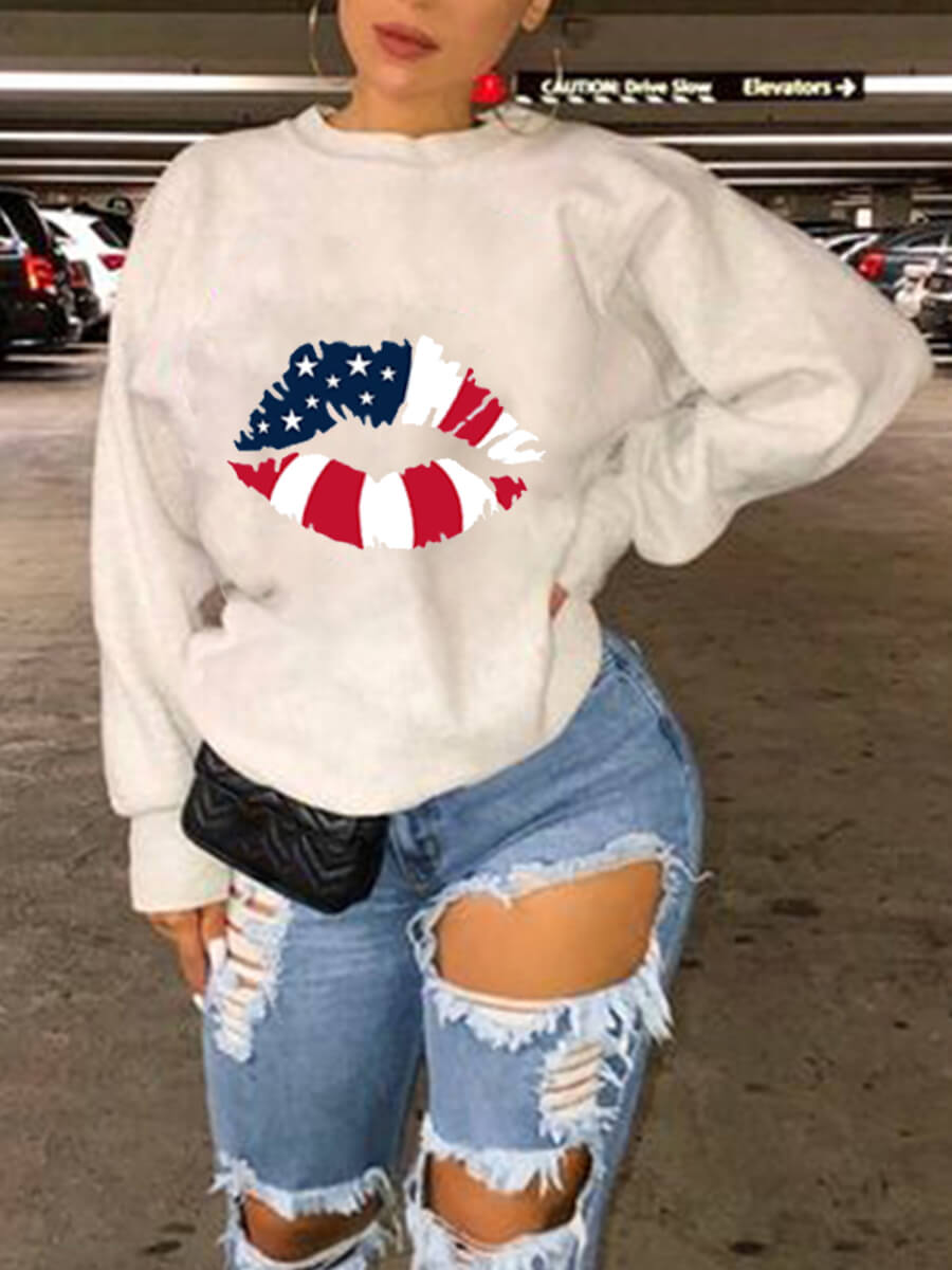 

Lovely Trendy Lip American Flag Print White Hoodie