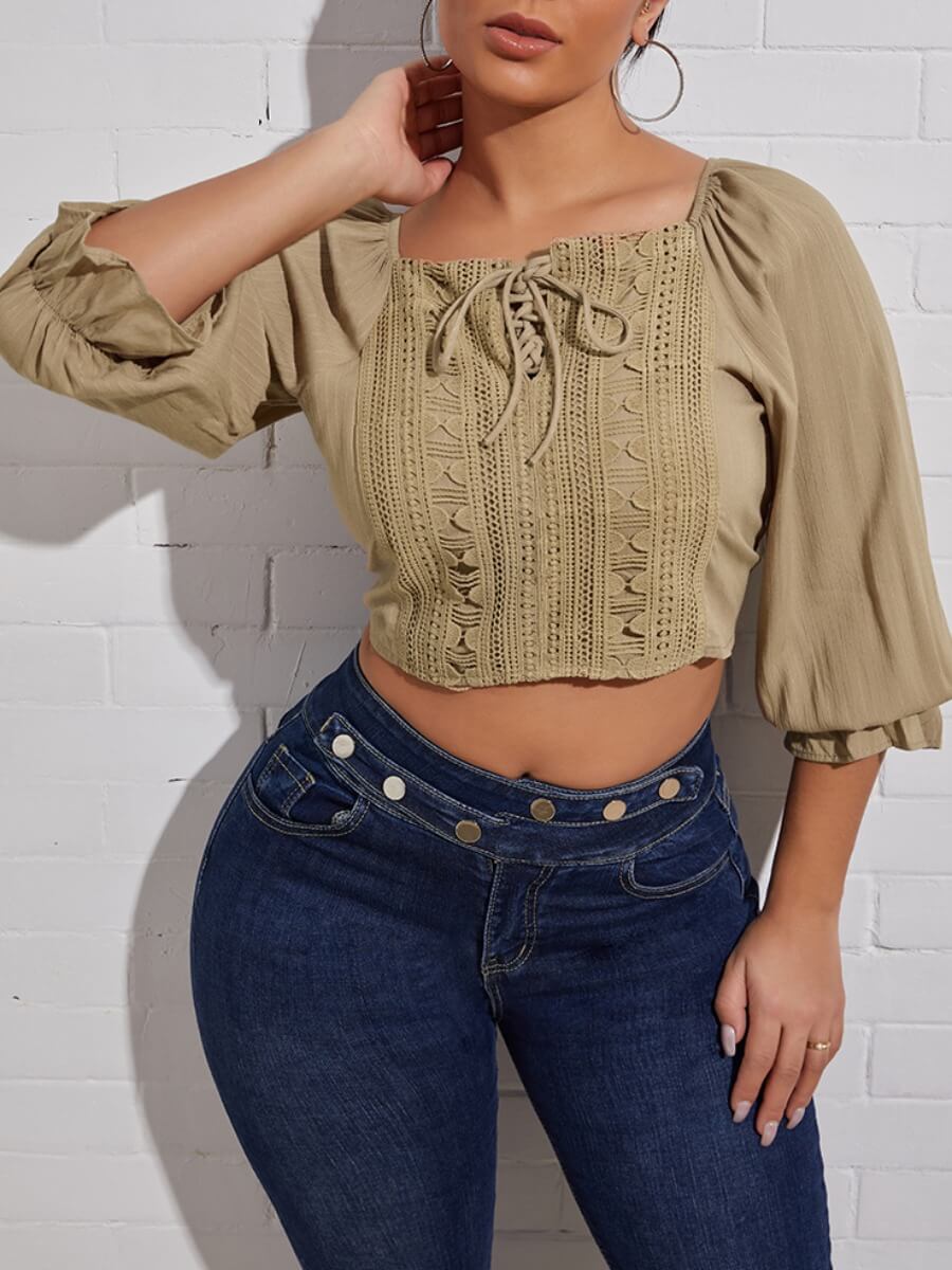 

Lovely Trendy Square Neck Bandage Ruffle Design Khaki Blouse