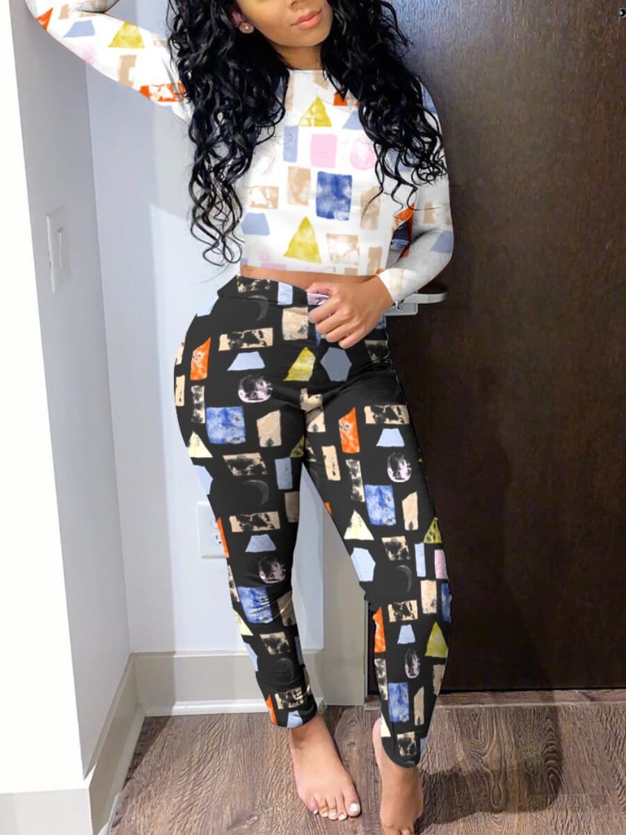 

Lovely Chic O Neck Geometric Print White Two Piece Pants Set